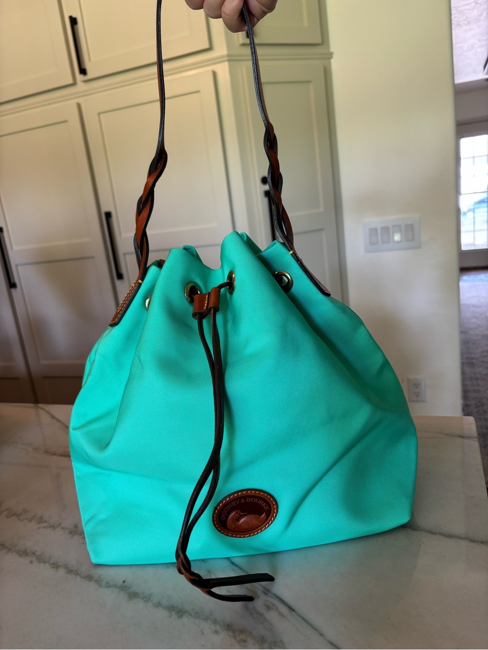 Dooney & Bourke Teal Canvas & Leather drawstring bucket hobo bag
